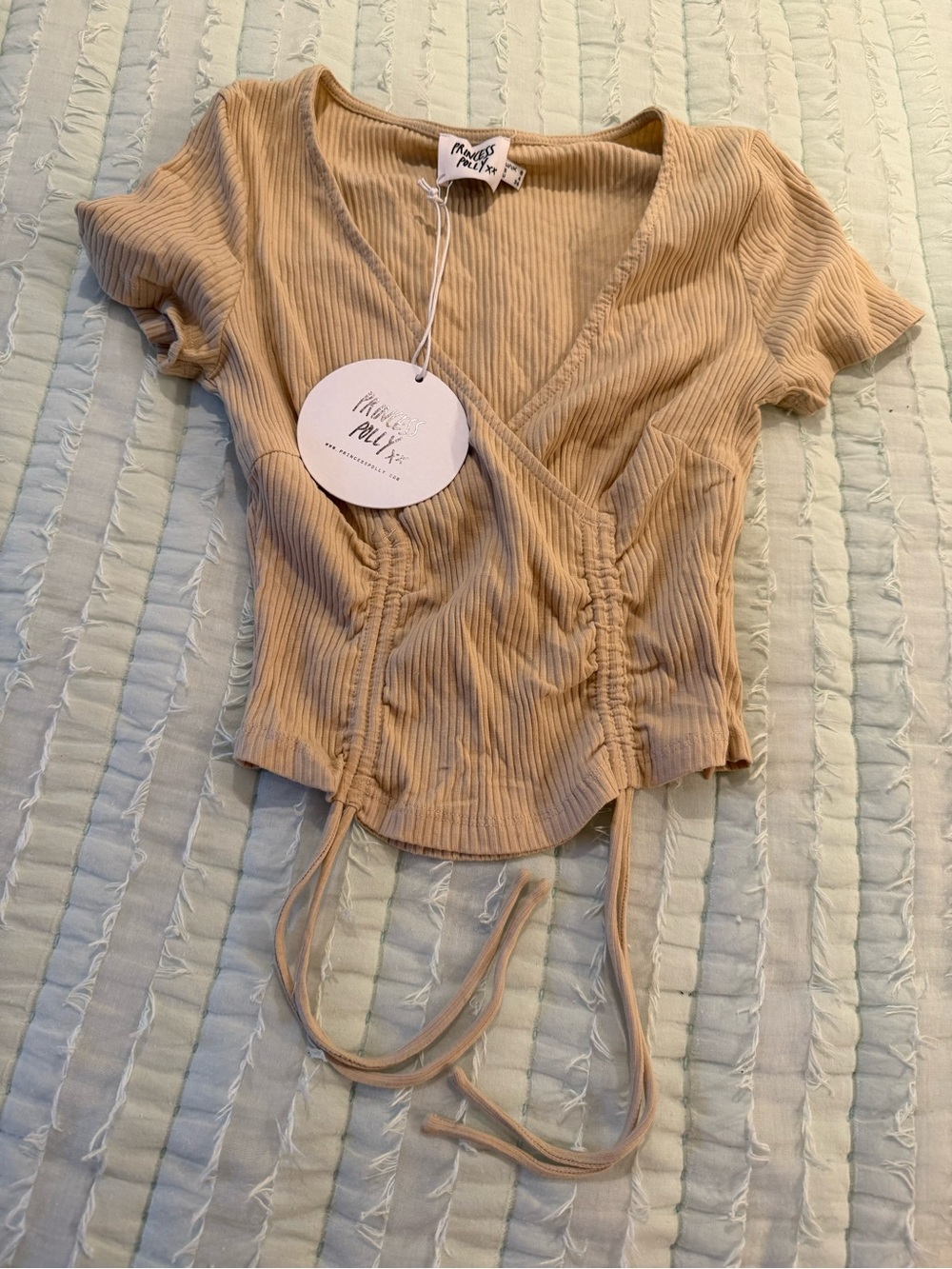 Princess Polly Ribbed Drawstring Crop Top - Beige size 4 NWT